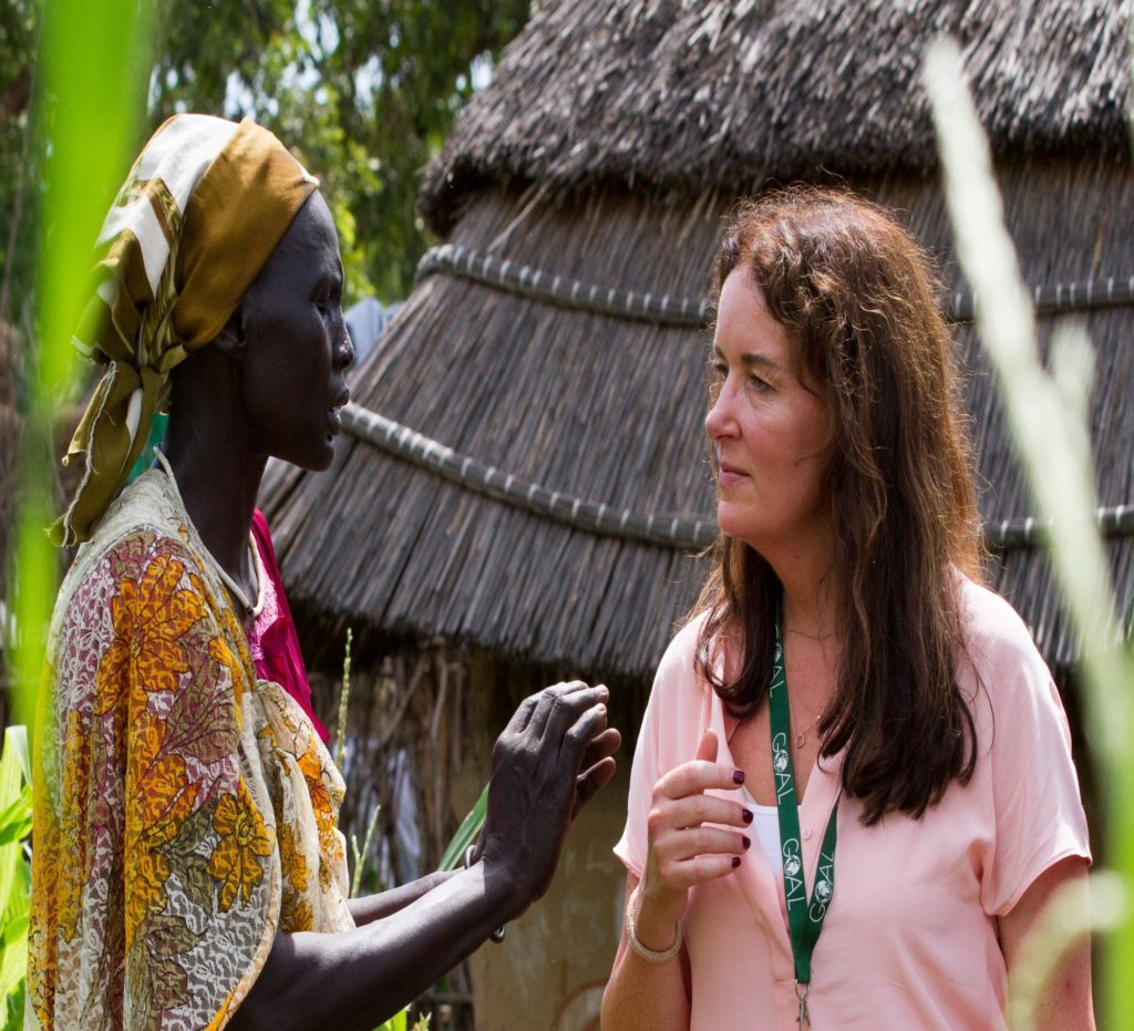 Dr. Ciara Kelly, pictured in Tirkidi Refugee Camp in Gambella, Western Ethiopia, speaking with South Sudanese refugee Nadul about her experience of displacement that she and her family have faced. 