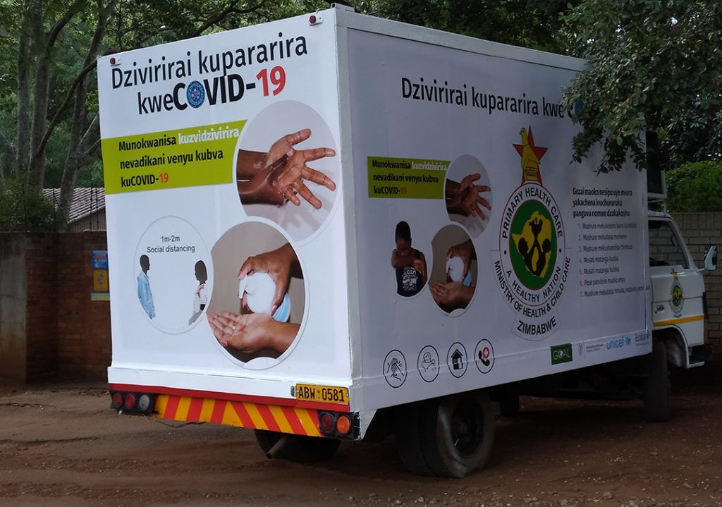 Loudspeaker trucks used in national COVID-19 awareness campaign in partnership with the Ministry of Health and UNICEF in Zimbabwe. 
