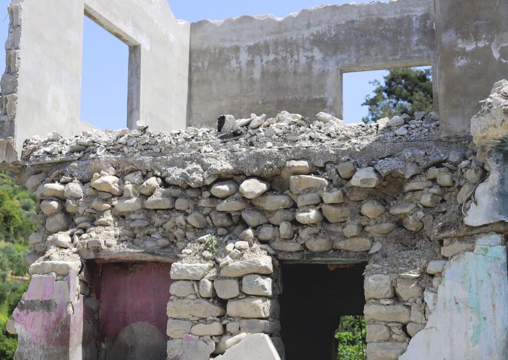 The remains of Um Rahman’s family’s house in Athar Village, destroyed in the earthquakes of February2023. Photo: Idleb, Syria. April 2024.