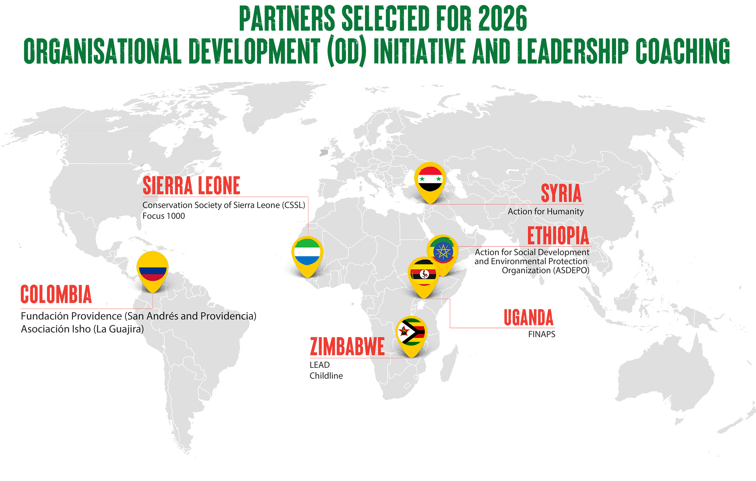 Map of partners selected for 2026 organisational development initiative for the Global Partnership Centre in GOAL